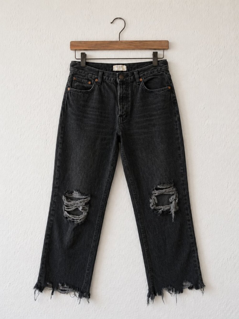 Free People We The Free Black Distressed Cropped Jeans Raw Hem Womens 31
